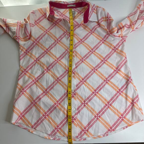 Chico's Pink Orange Diamond Plaid Button Up Blouse Womens Size 1 US 8/10 No Iron - Picture 10 of 10